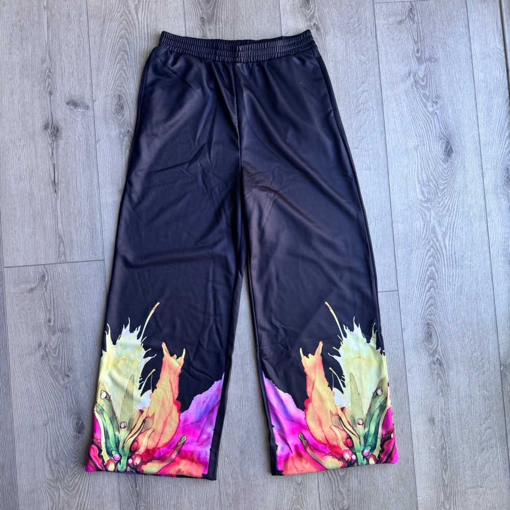 Uoozee Womens Black Wide Leg Pants Abstract Floral Print Elastic Waist Size L
